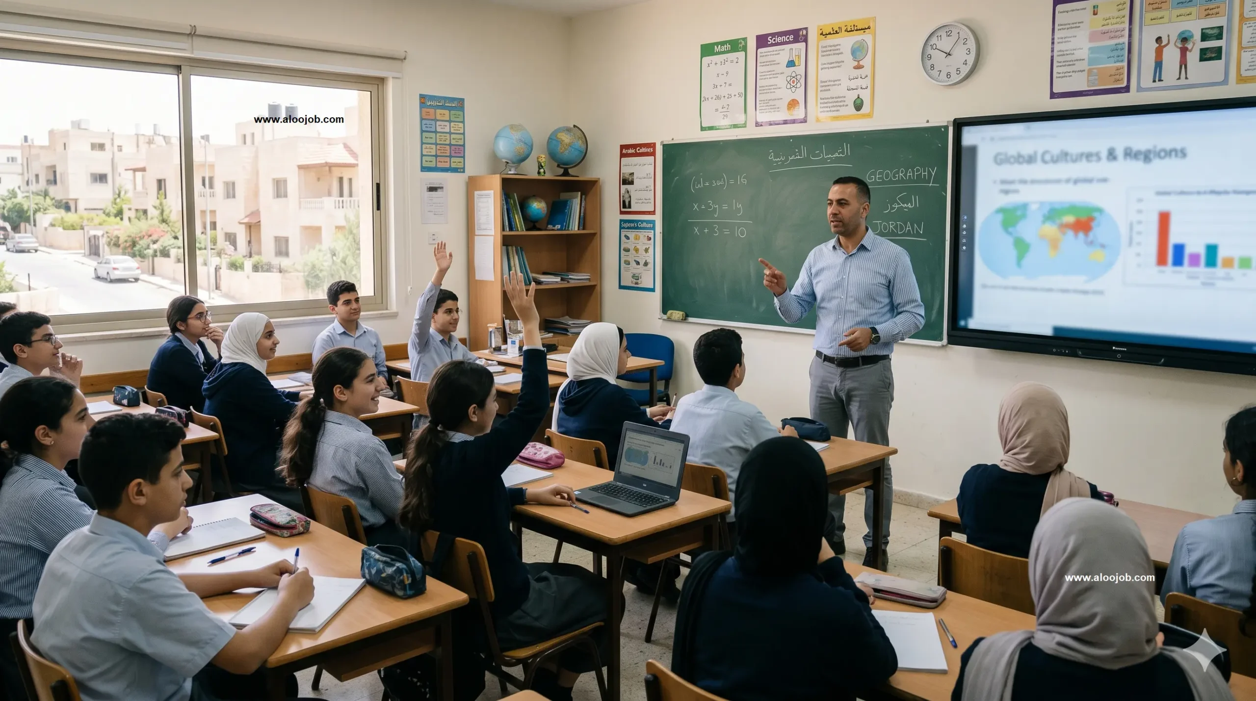 معلم يشرح درسًا داخل مدرسة خاصة في عمّان باستخدام وسائل تعليم حديثة