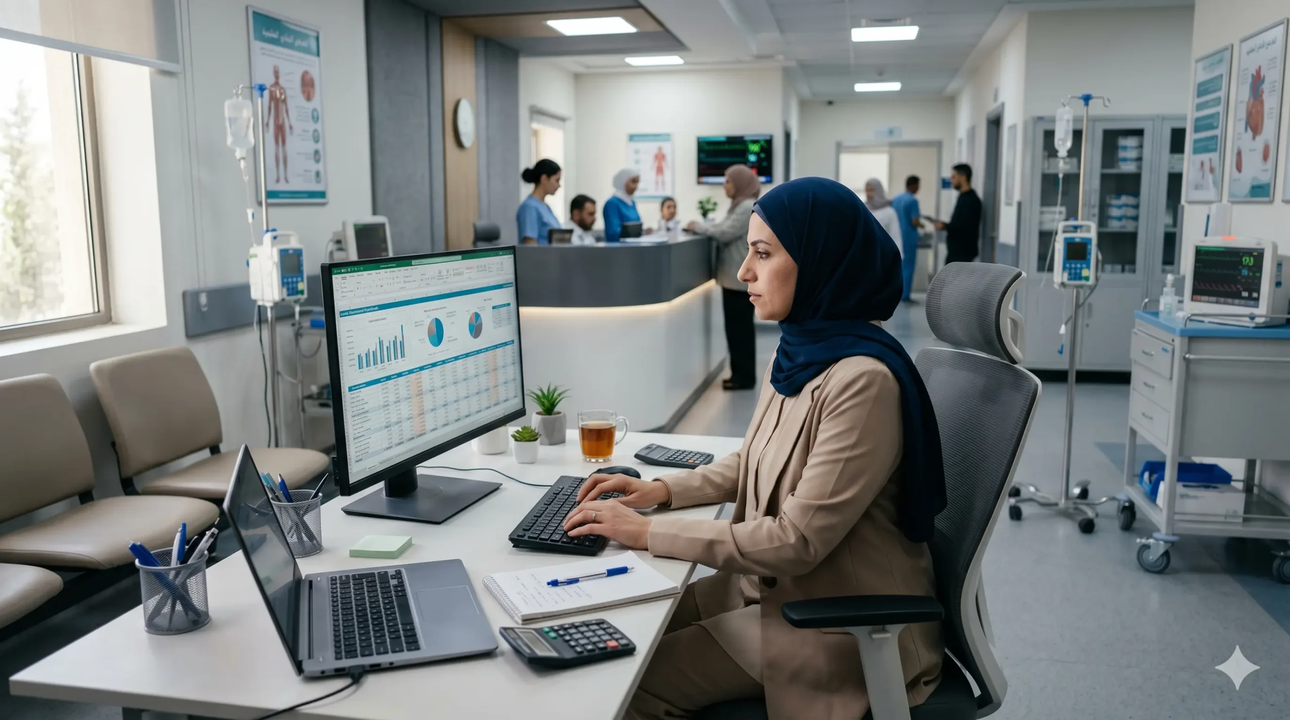 محاسب يعمل داخل مركز طبي ويقوم بمراجعة البيانات المالية