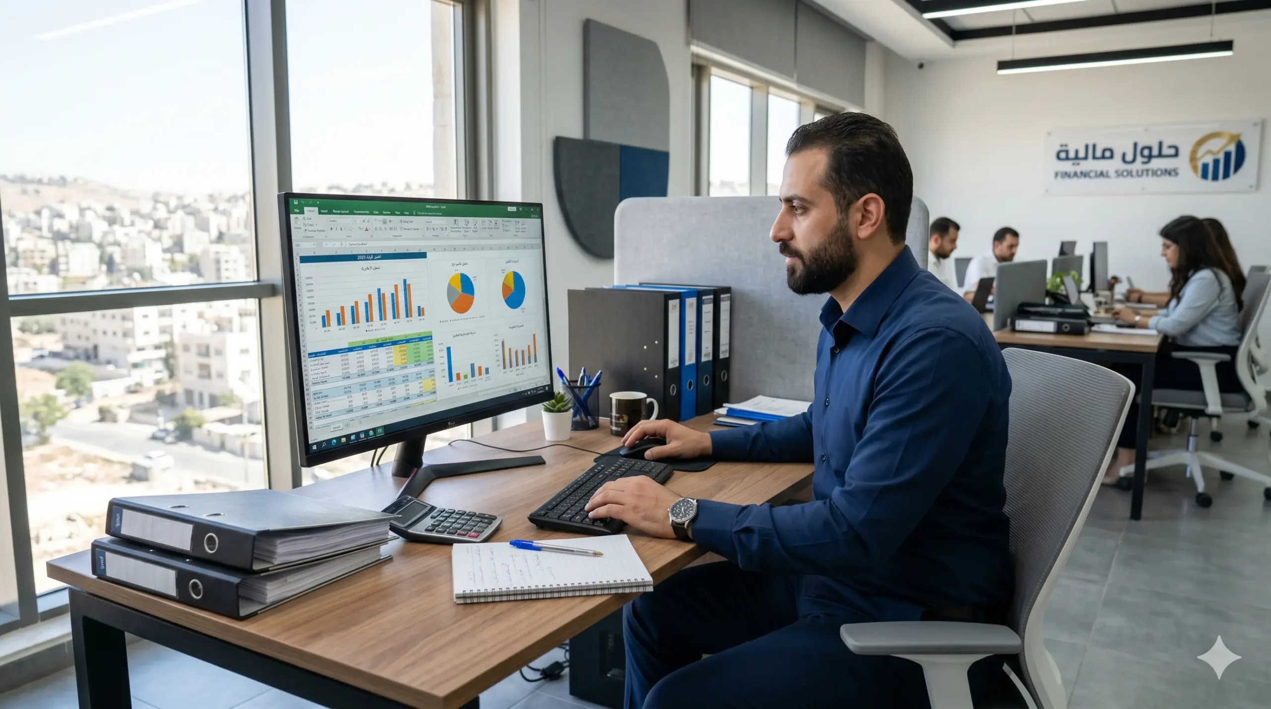 محاسب يحلل تقارير مالية باستخدام Excel داخل مكتب حديث في عمان