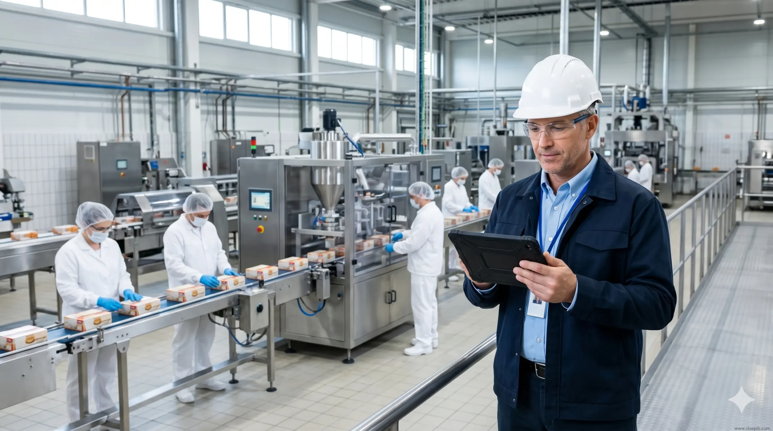 مدير مصنع يشرف على خط إنتاج غذائي داخل مصنع ويقوم بمتابعة عمليات التشغيل