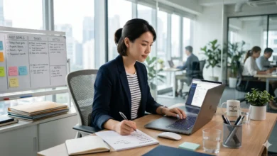 موظف يعمل على تنظيم مهامه اليومية داخل مكتب ويستخدم الحاسوب